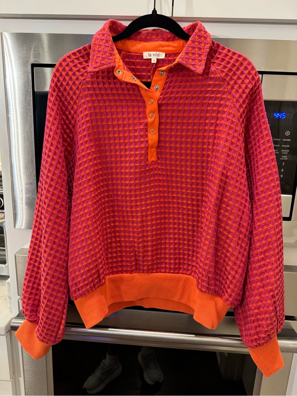 LA MIEL Pink and Orange Waffle-Knit Collared Pullover